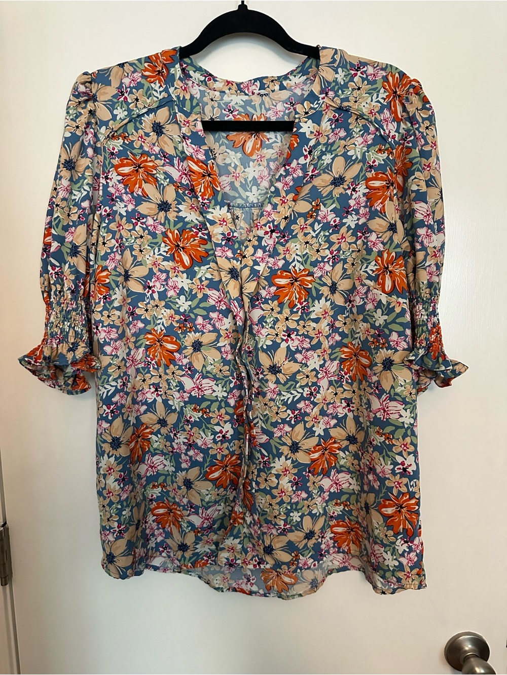 Floral V-Neck Pull Over Peasant Blouse - Blue & Orange size xl EUC